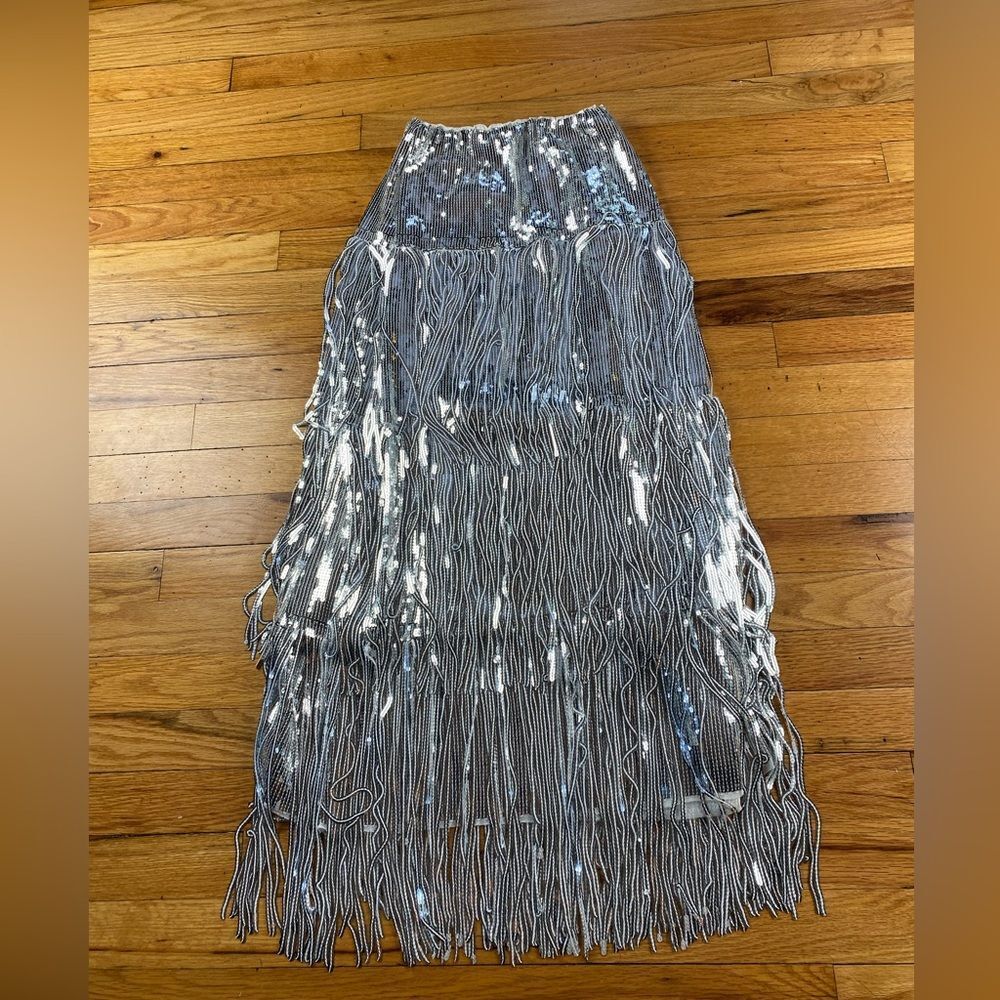 Anthropologie Maeve Tatiana Silver Sequin Fringe Skirt Size 2 - Picture 6 of 11